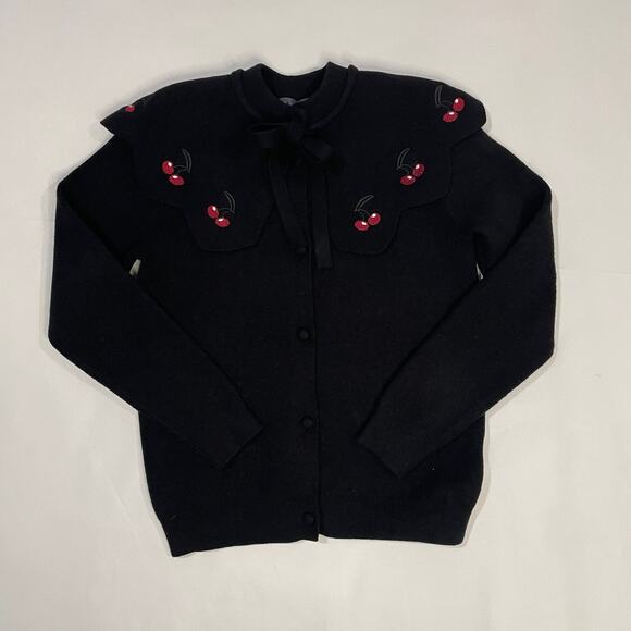 Fraze Black Cape Detailed Shoulder Sweater Cherries Tie Vintage Inspired Size 12 - Picture 15 of 16